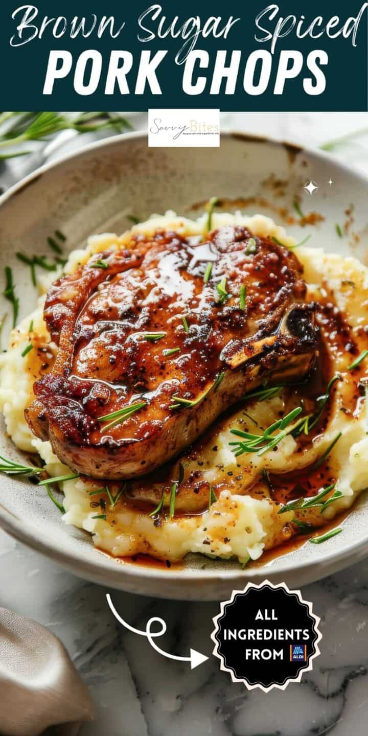 Glazed brown sugar pork chops with herbs over mashed potatoes.