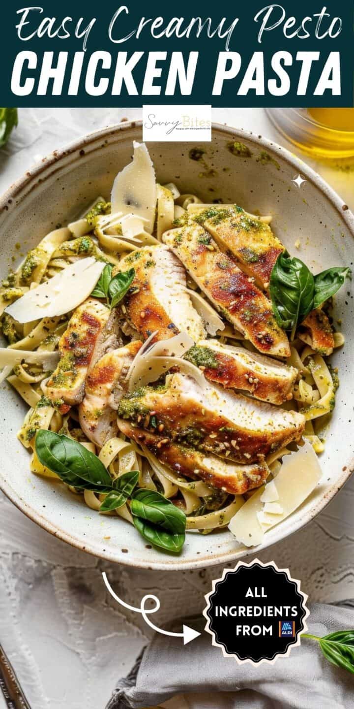 Pesto chicken pasta with basil and parmesan in a white bowl.