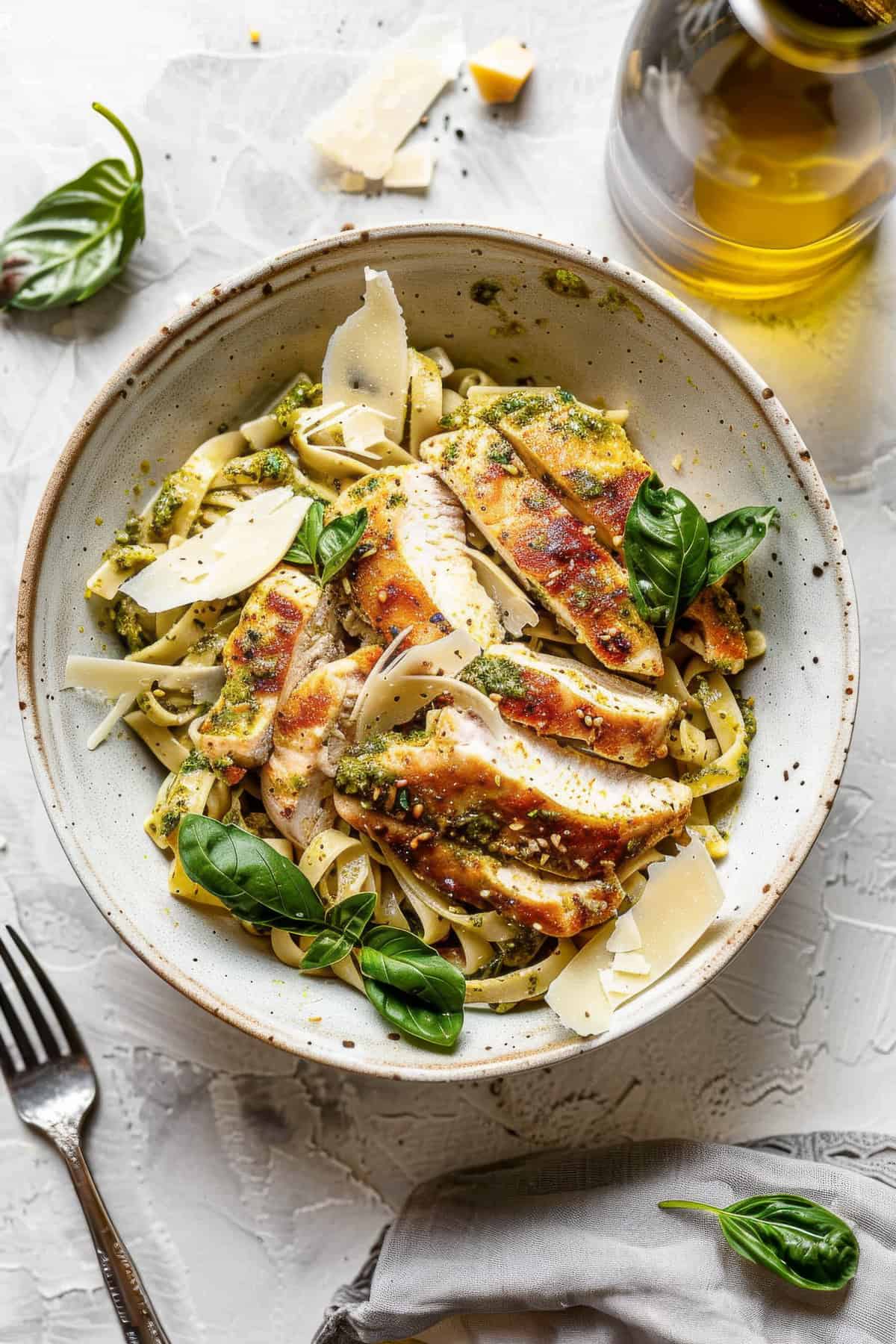 Pesto chicken pasta with parmesan cheese and basil in a bowl.