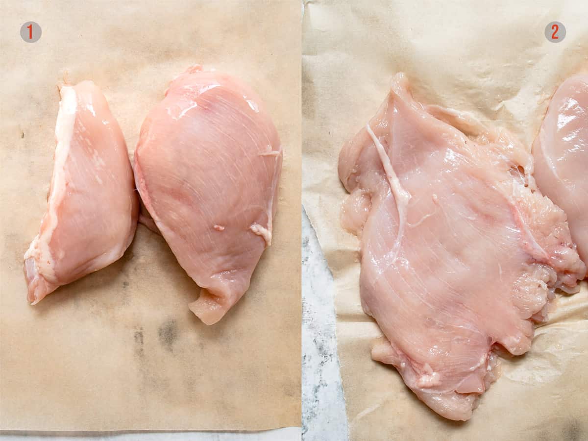 chicken breast being pounded thin for pesto pasta