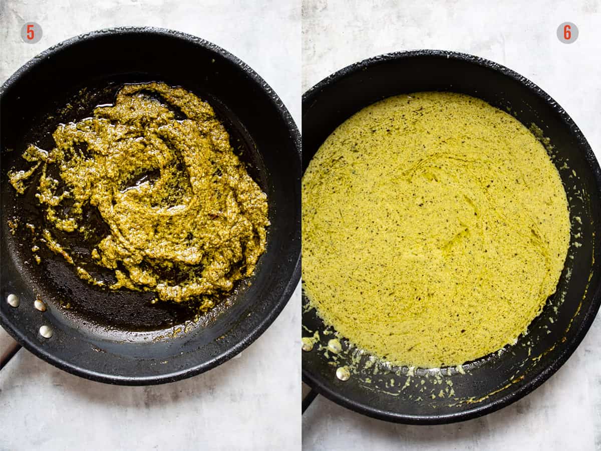 creamy pesto pasta sauce in a frying pan