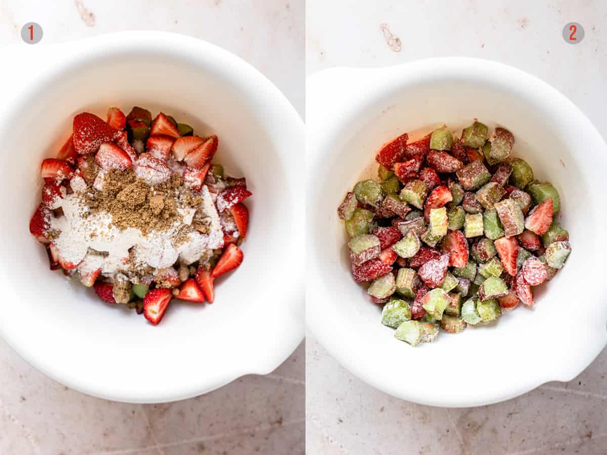 Rhubarb and strawberries in a bowl with sugar and flour.