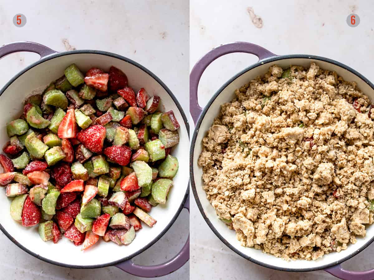 Fruit crumble in an oven-safe dish before being baked.