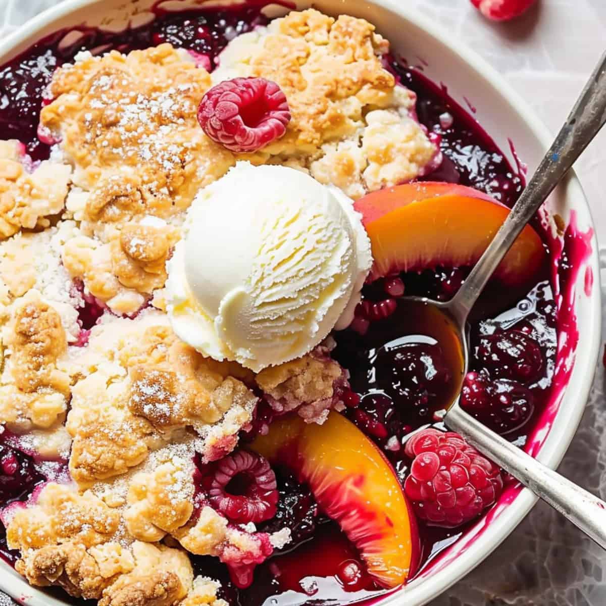 Peach and raspberry cobbler in a blue bowl with ice cream.