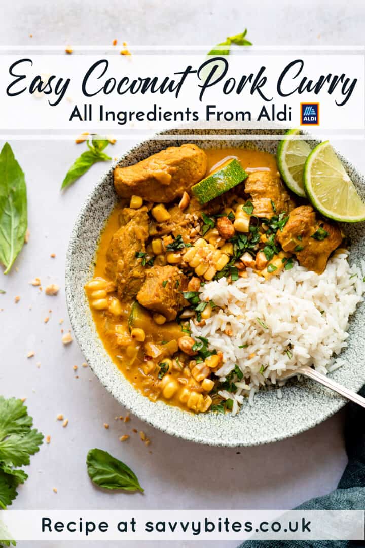 Aldi recipe coconut curry in a green bowl with text overlay.