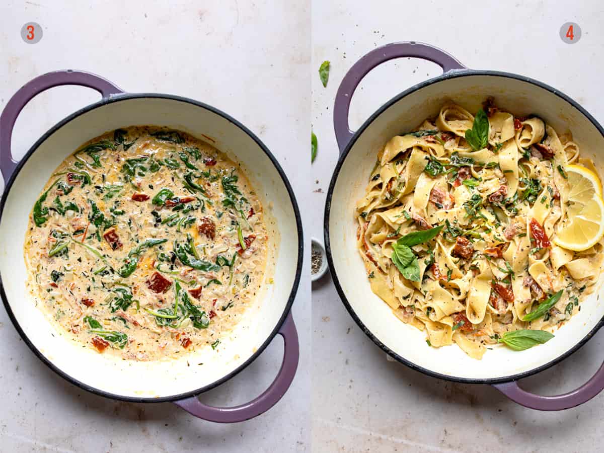Creamy sundried tomato pasta sauce in a pan with pasta and lemon- Aldi pasta recipes