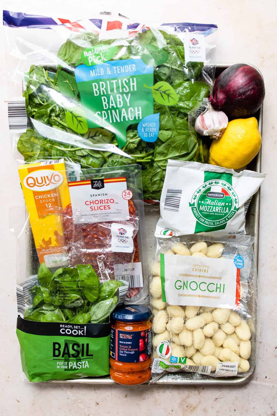 Ingredients for chorizo gnocchi all from Aldi.