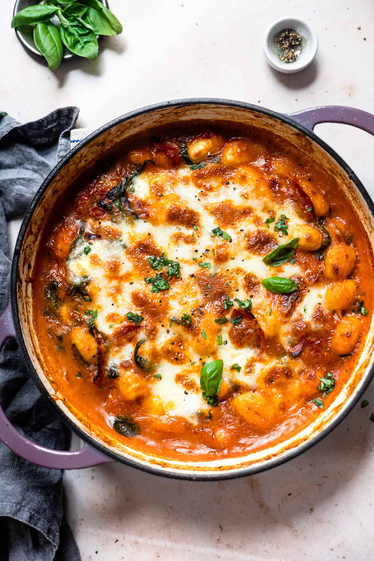 chorizo gnocchi in a pan with basil. Aldi recipes gnocchi