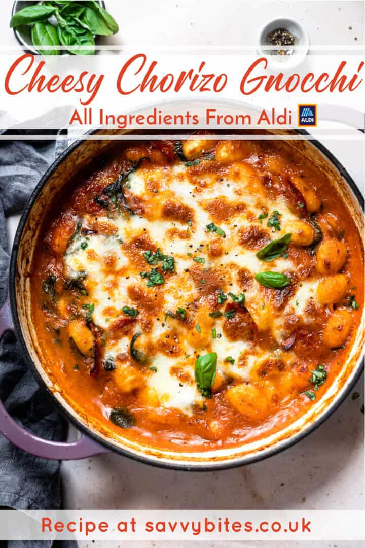 Chorizo gnocchi in a bowl with basil and cheese with text overlay.