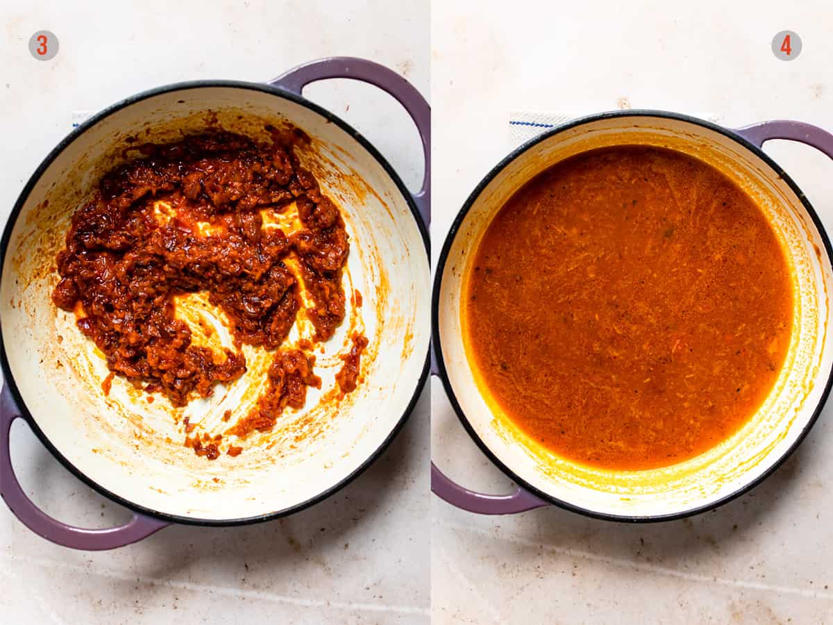 Tomato paste being made into sauce for on pot gnocchi.