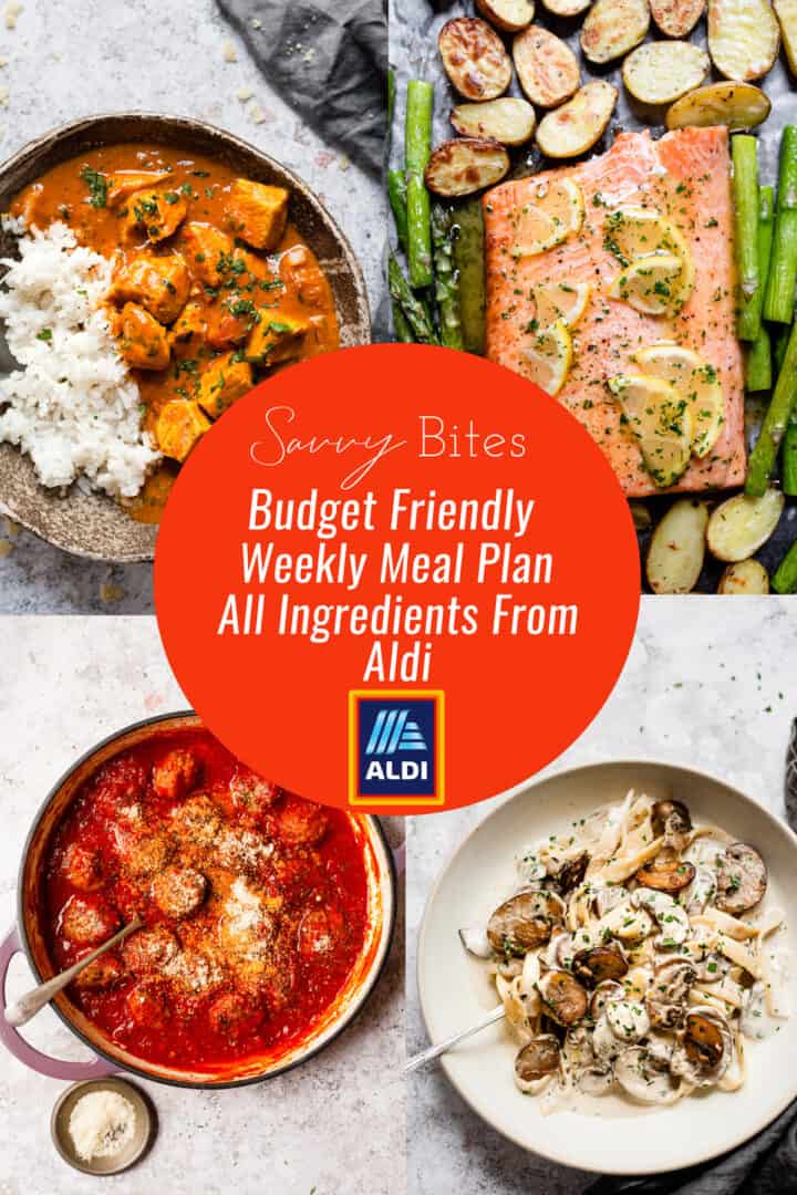Aldi meal plan with recipes and a photo collage with text overlay.