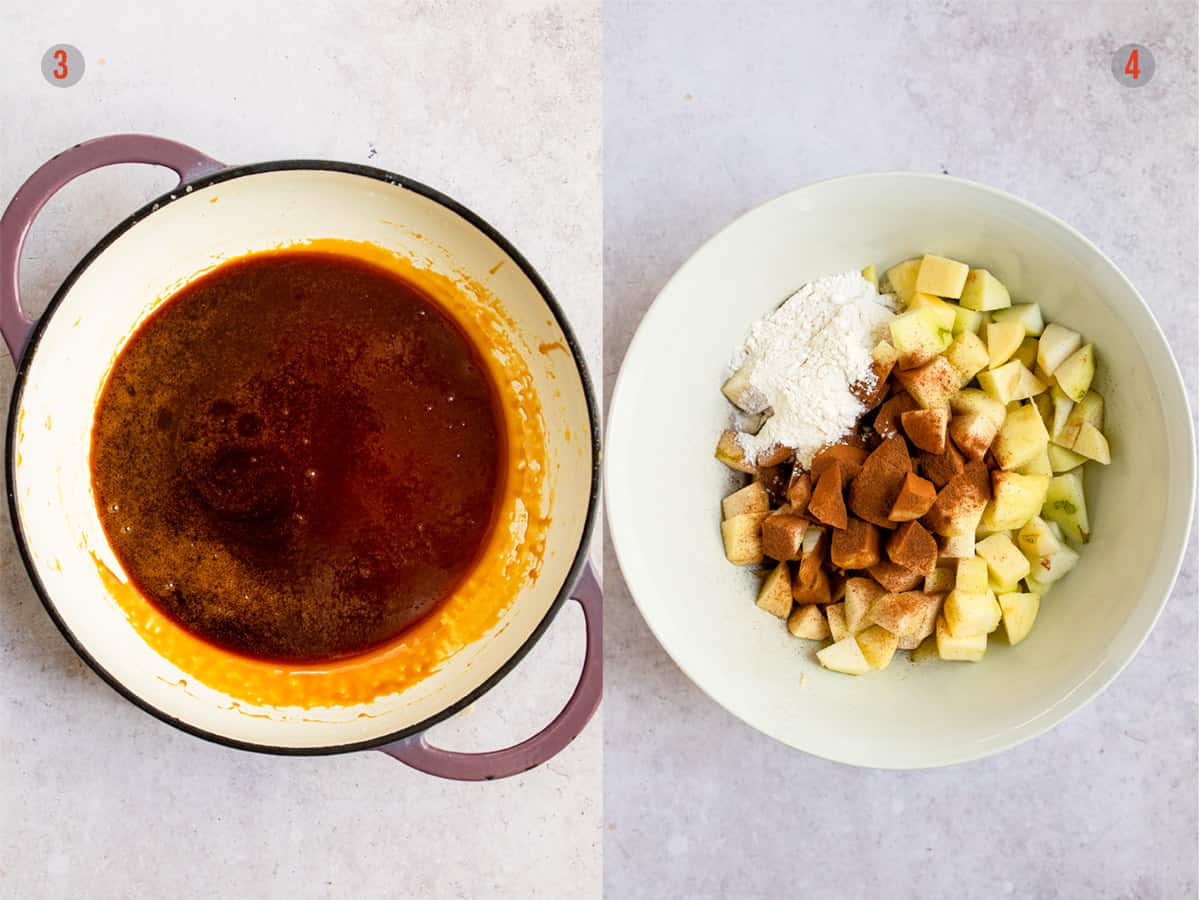 step 2 & 3 caramel sauce and apples with sugar for crumble.
