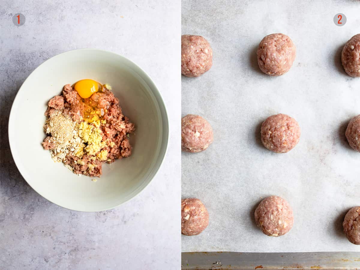 Mixing pork mince for Asian meatballs.