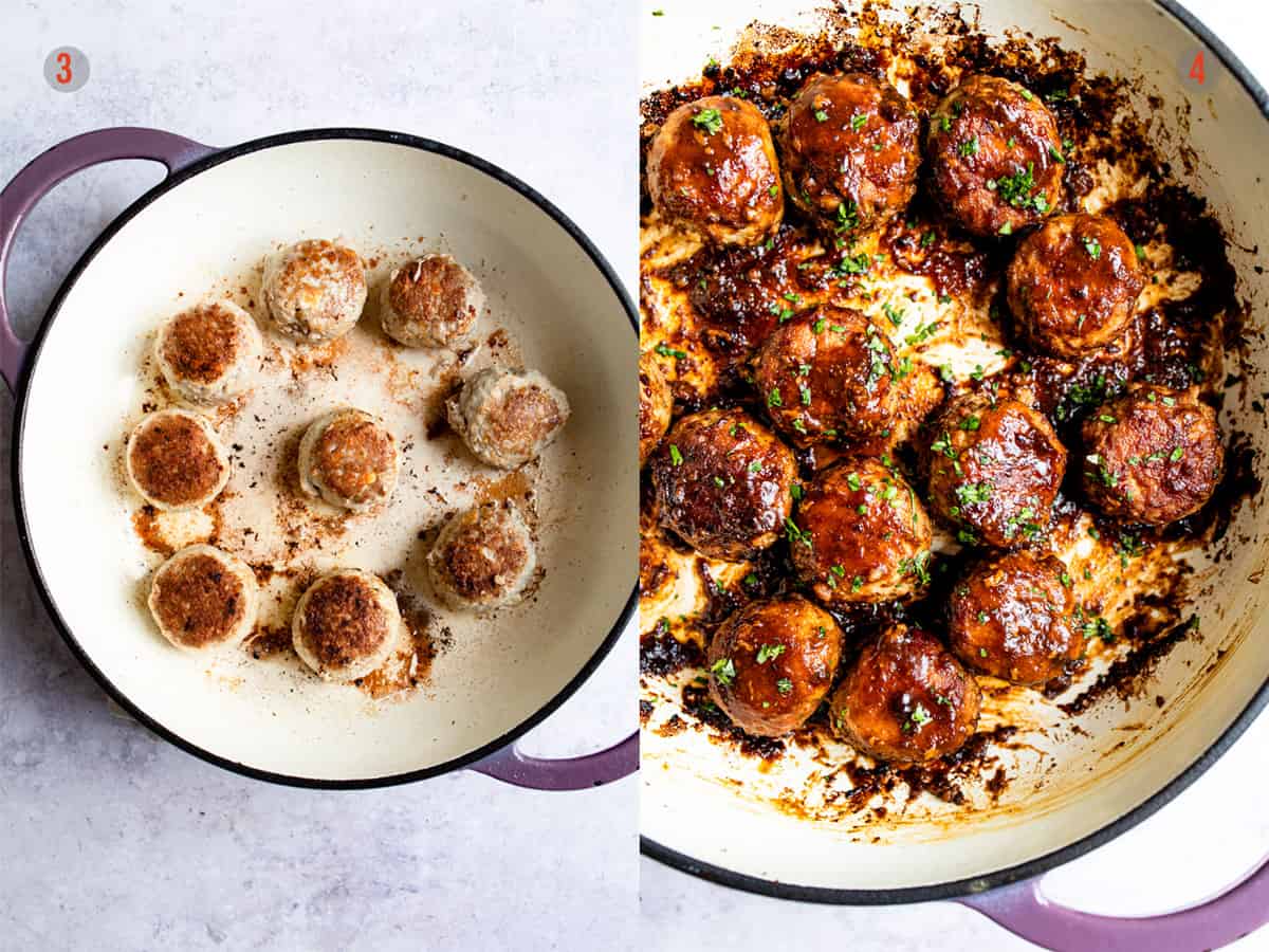 Pan searing the meatballs in glaze.