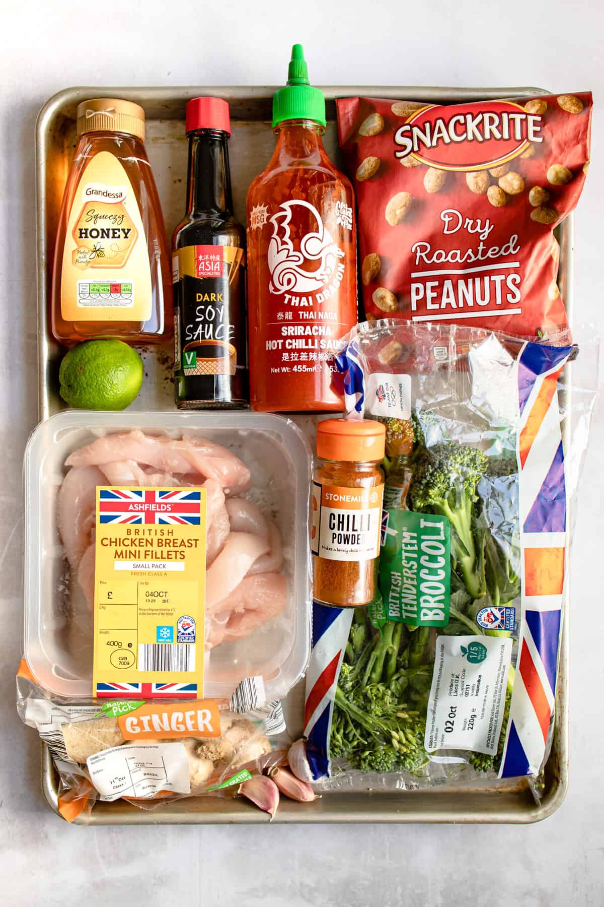 Aldi ingredients for Korean chicken on a tray. 