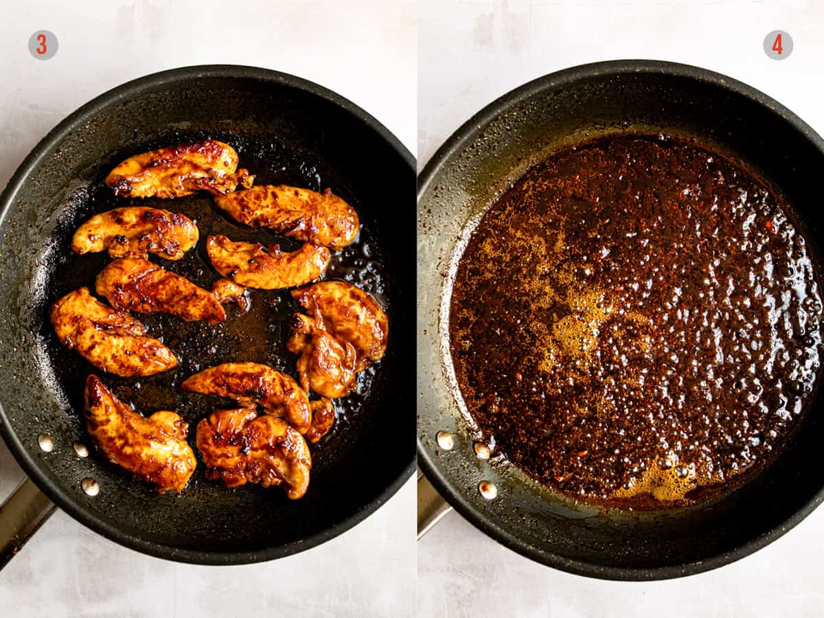 Pan searing the chicken and reducing the sauce for the dish.