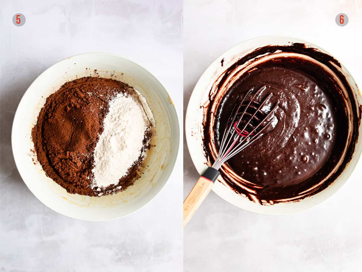 Step 5 & 6  adding the cocoa powder and flour.