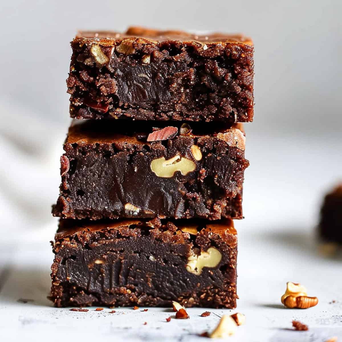 Easy pecan brownies on a white marble table.