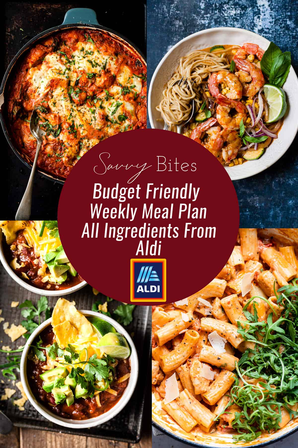 Aldi budget meal plan photos and recipes in a collage.