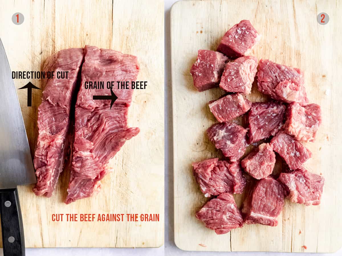 Demonstrating how to cut beef across the grain