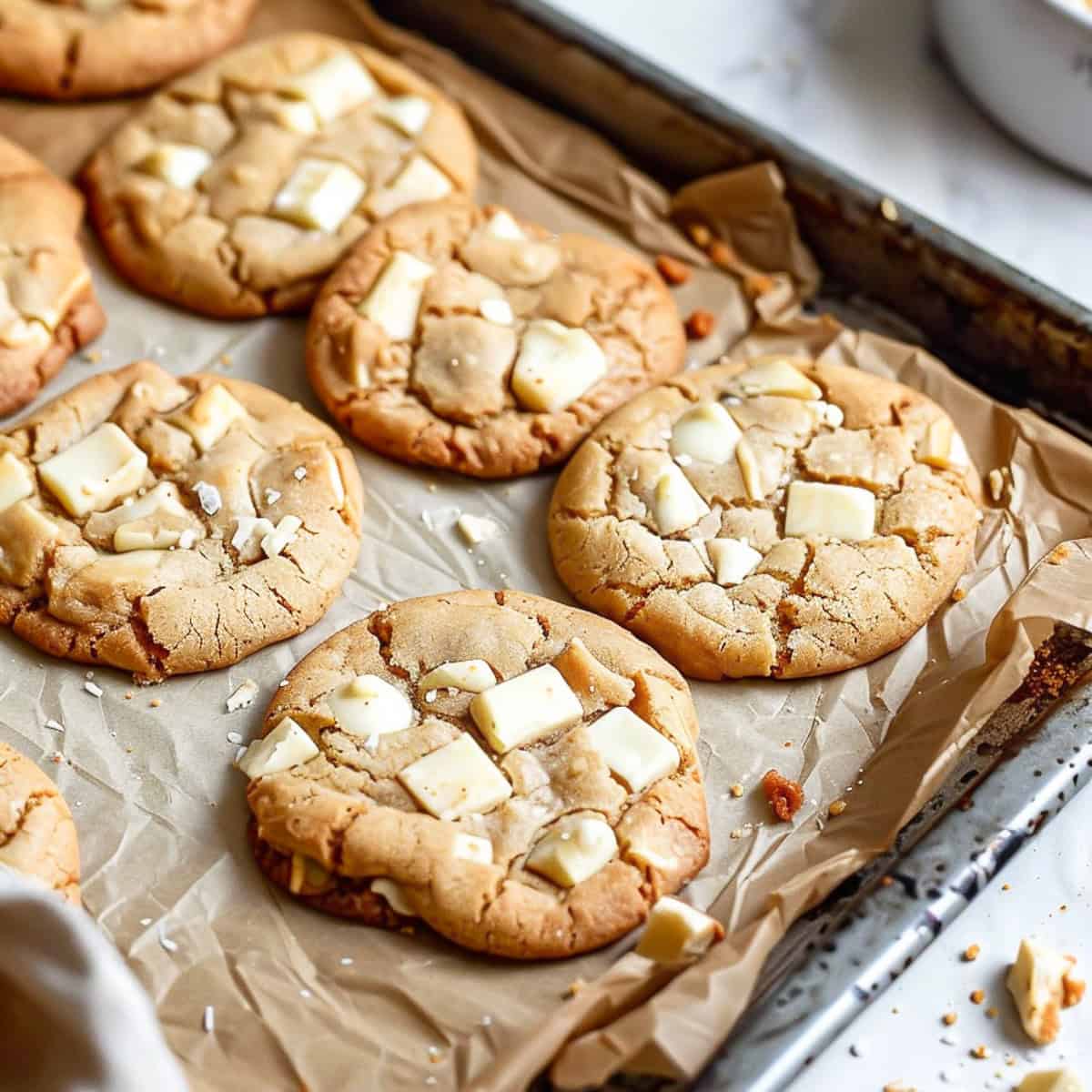 Soft and chewy white chocolate chip cookies on a baking tray.