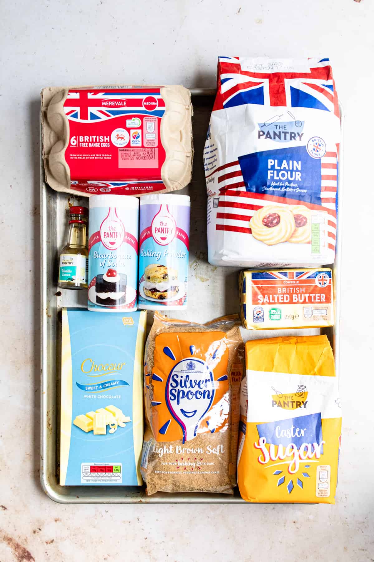 Aldi ingredients for cookies on a baking tray.