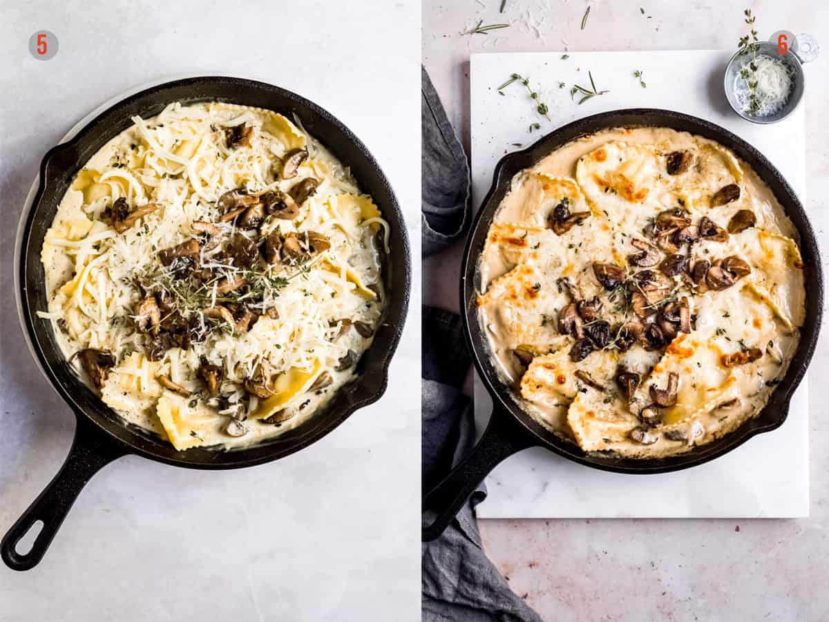 mushroom pasta bake before and after baking.