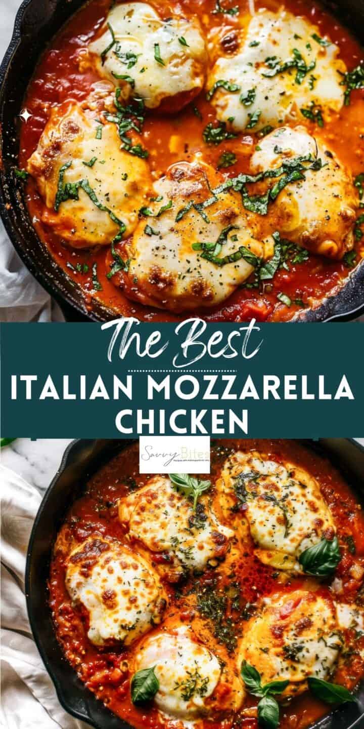 Easy Italian chicken with mozzarella and tomato sauce in a skillet.