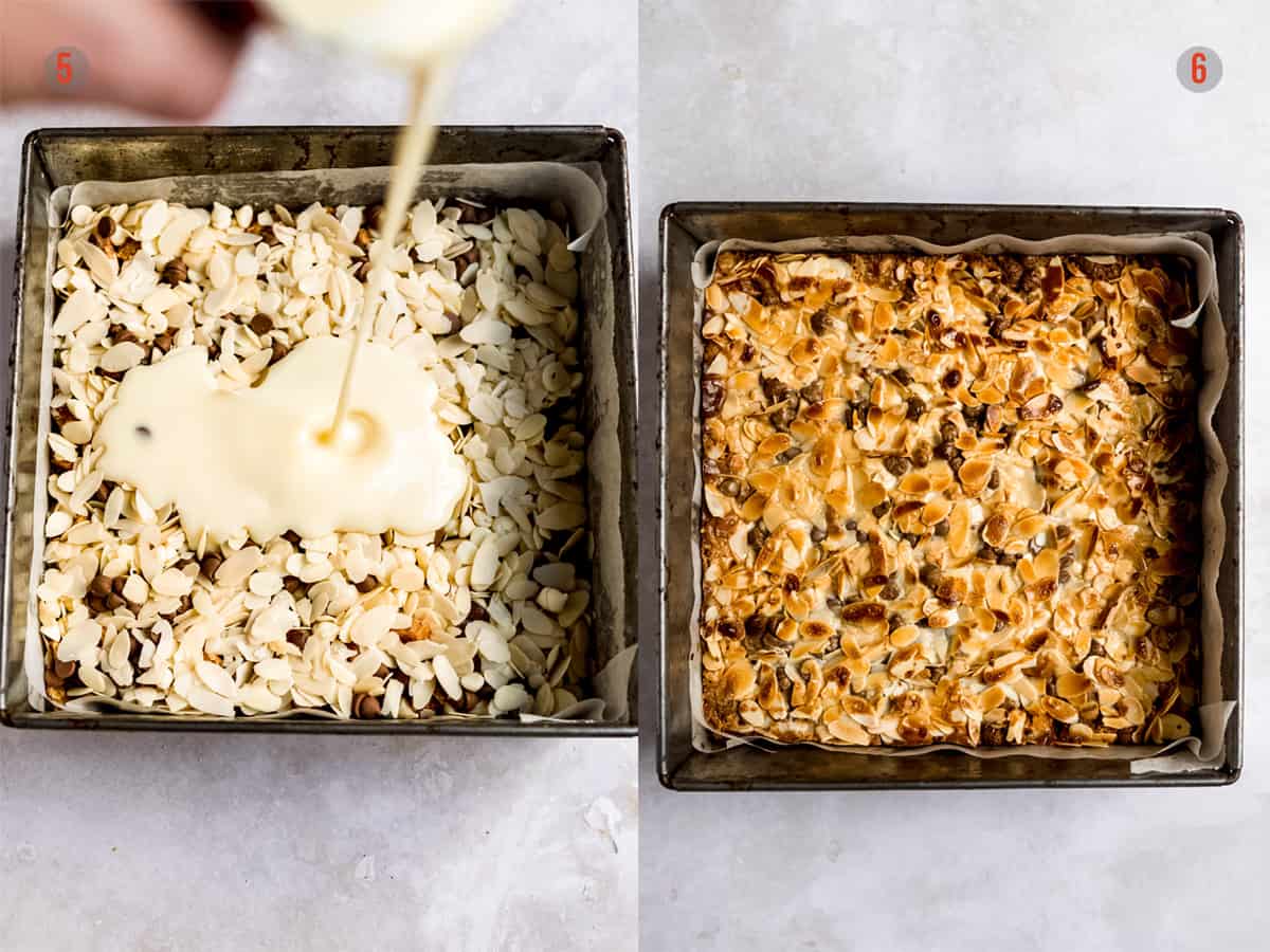 pouring condensed milk over the toffee bars before and after baking