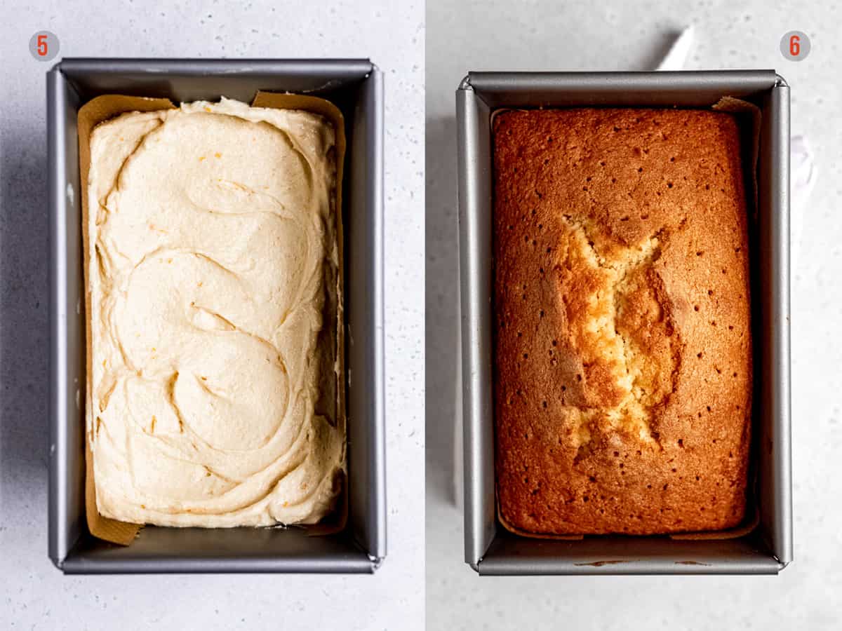 Orange drizzle cake in the loaf pan before and after baking