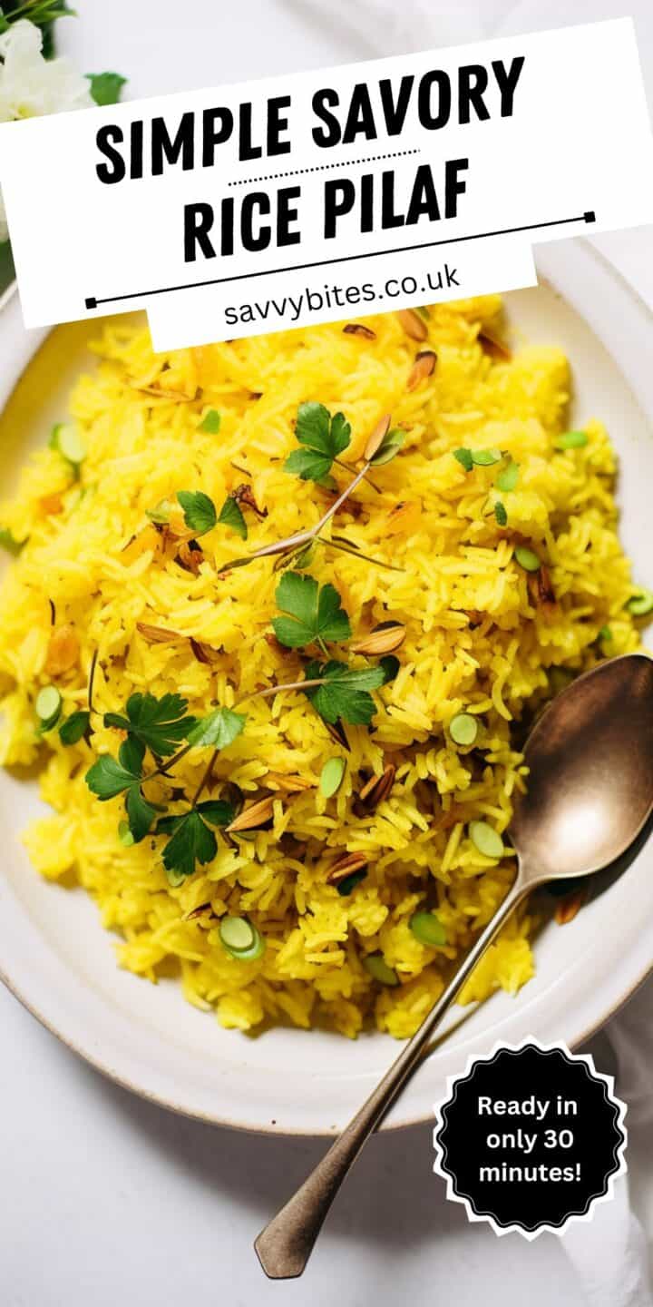 Pilau rice with herbs and text overlay.