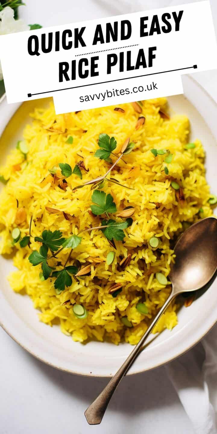 Pilau rice with herbs and text overlay.