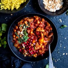 Slow cooker lamb tagine in a black bowl