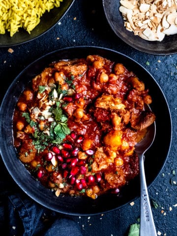 Slow cooker lamb tagine in a black bowl
