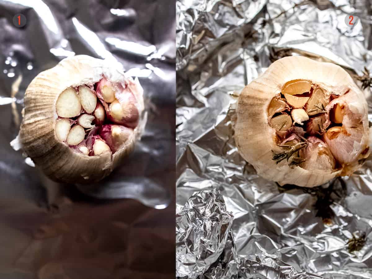 garlic being roasted for a soup recipe