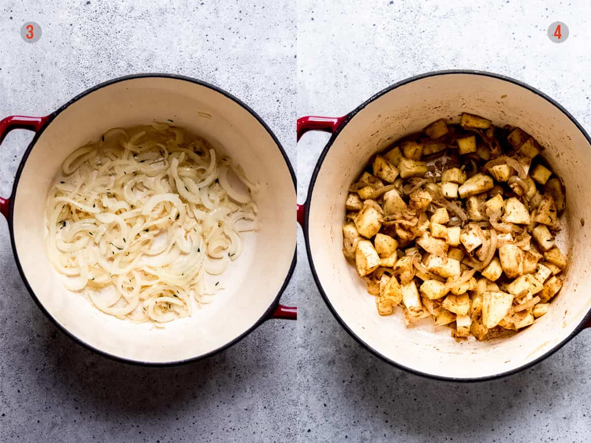 parsnips in a soup pot with onions and spices