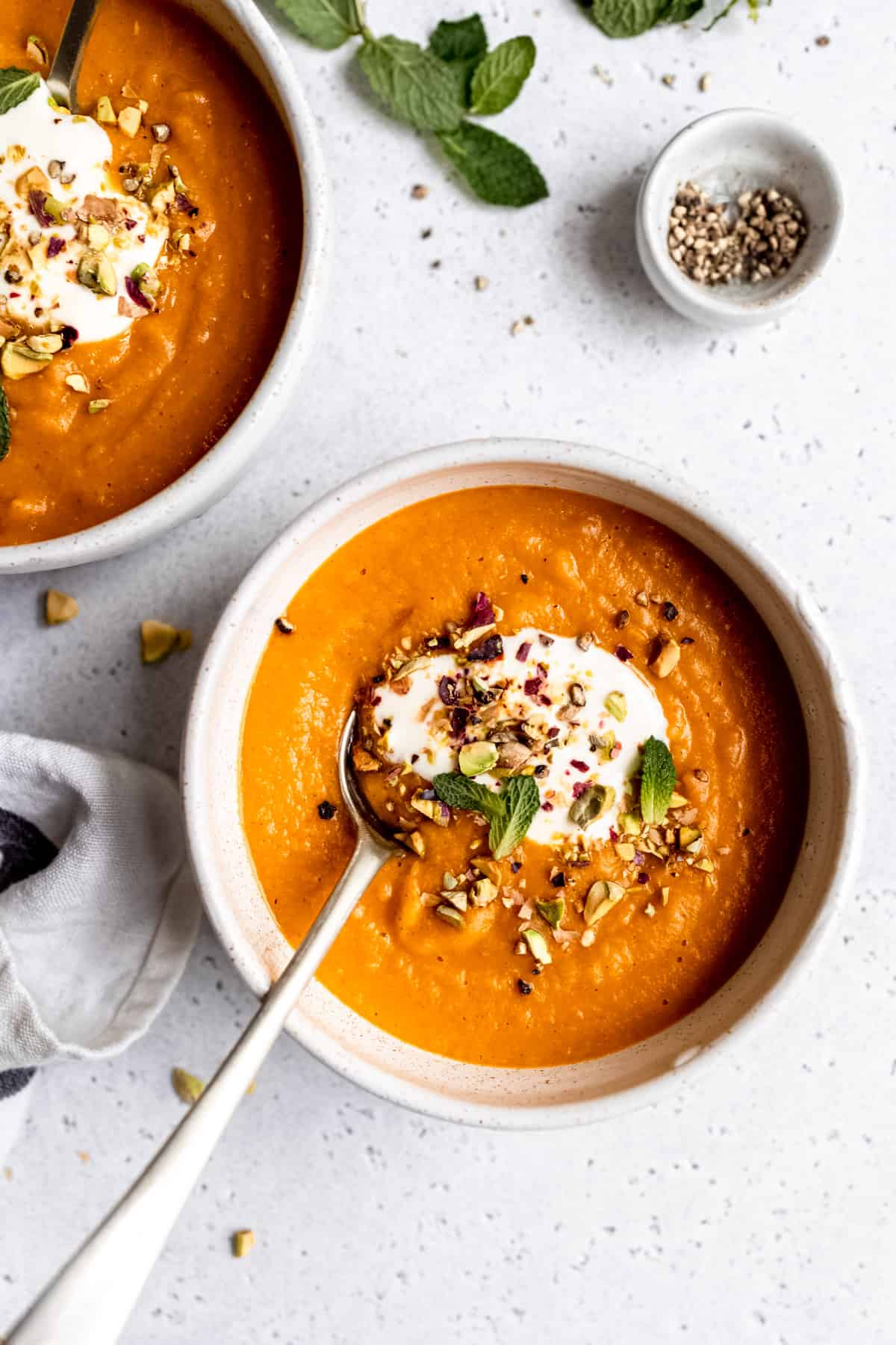 Turkish lentil soup in a white bowl.