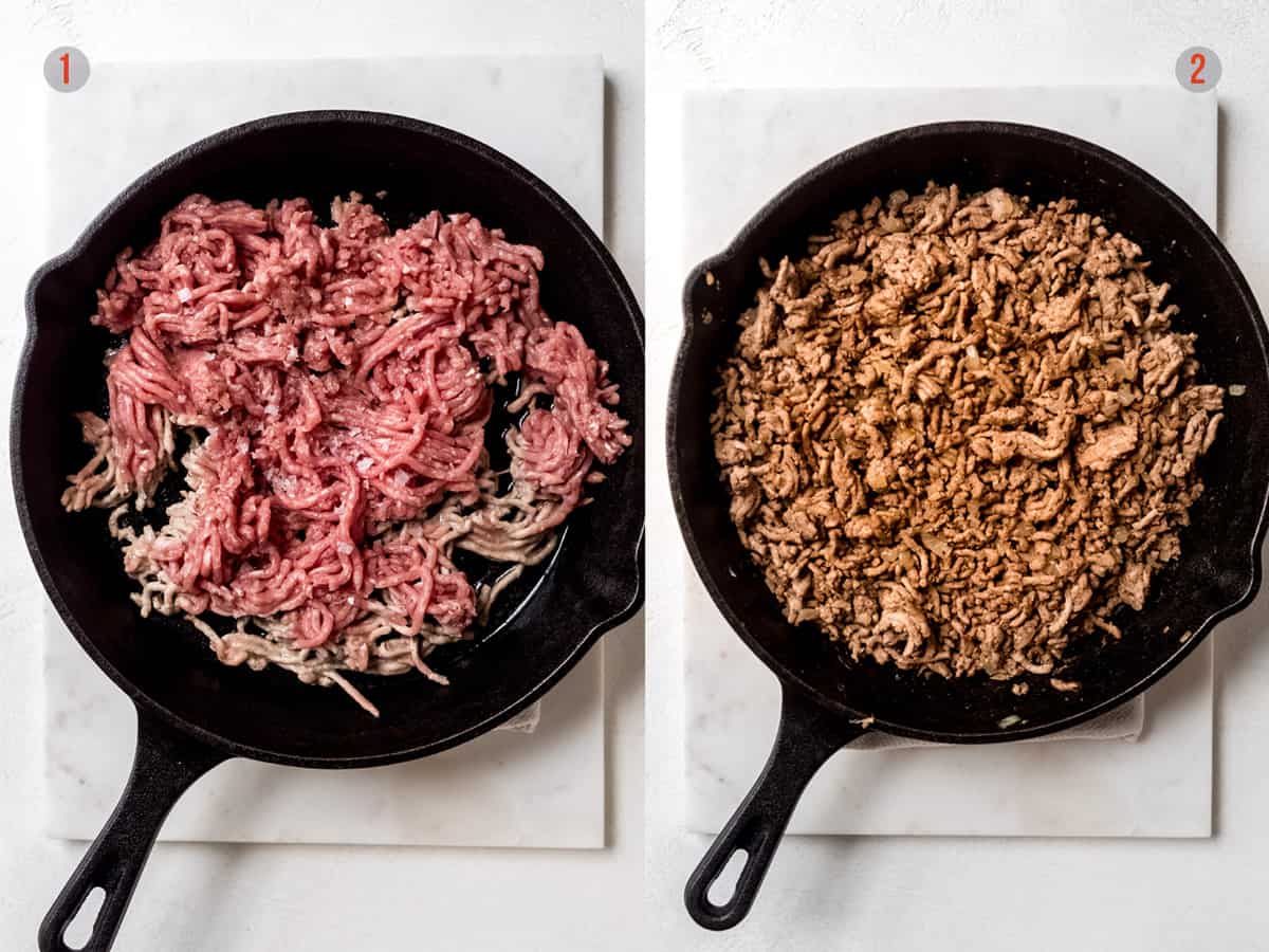 ground mince pork being fried in a cast iron pan.