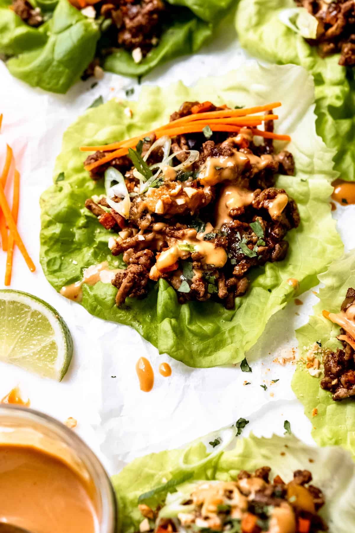 Crispy pork lettuce wrap (yuk sung) with peanut sauce.