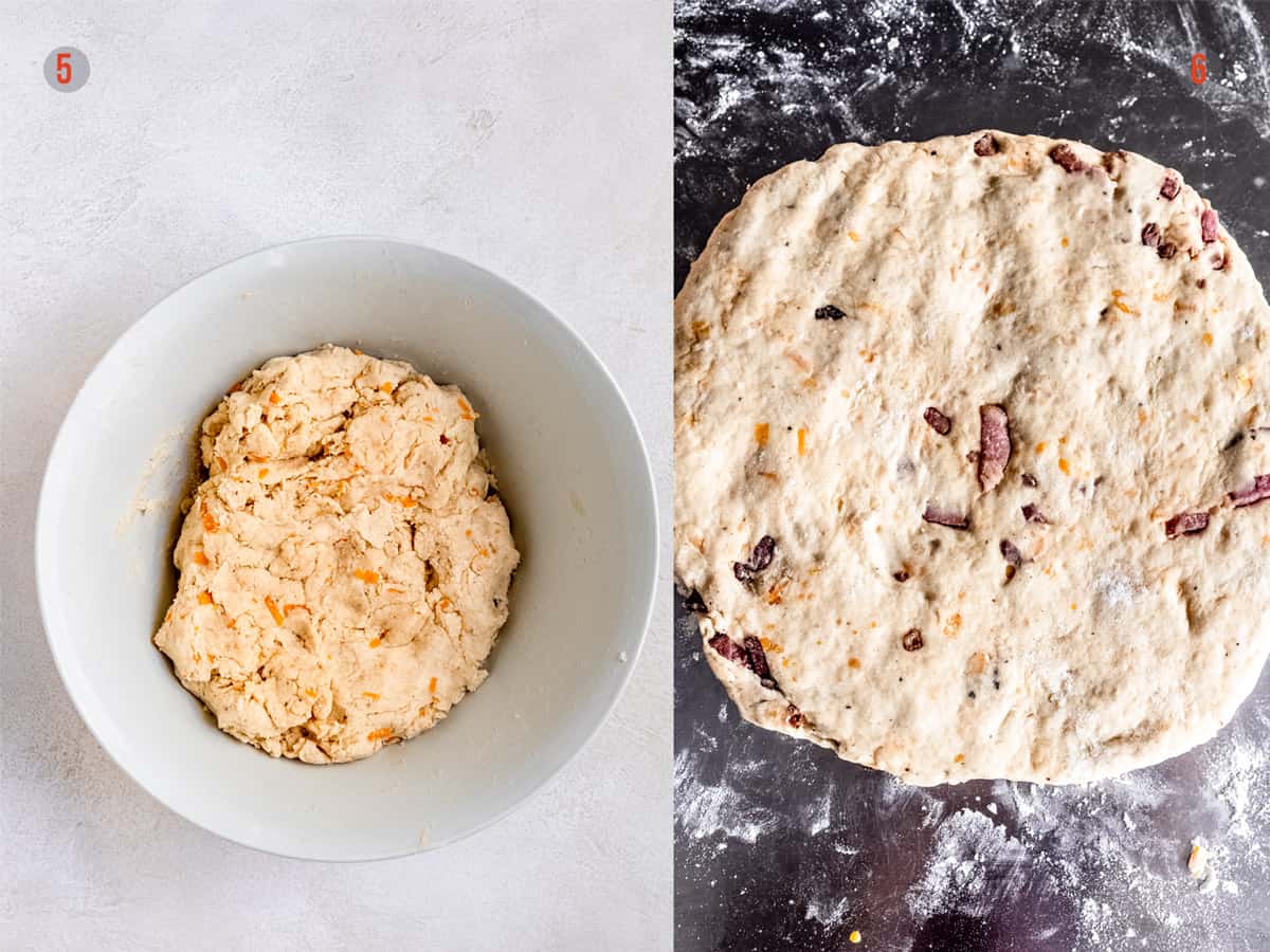 Scone dough with cheddar cheese on a table.