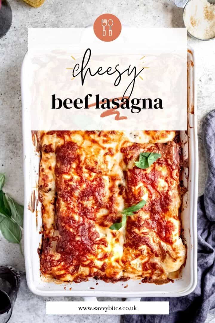 Beef lasagna in a white tray with text overlay.