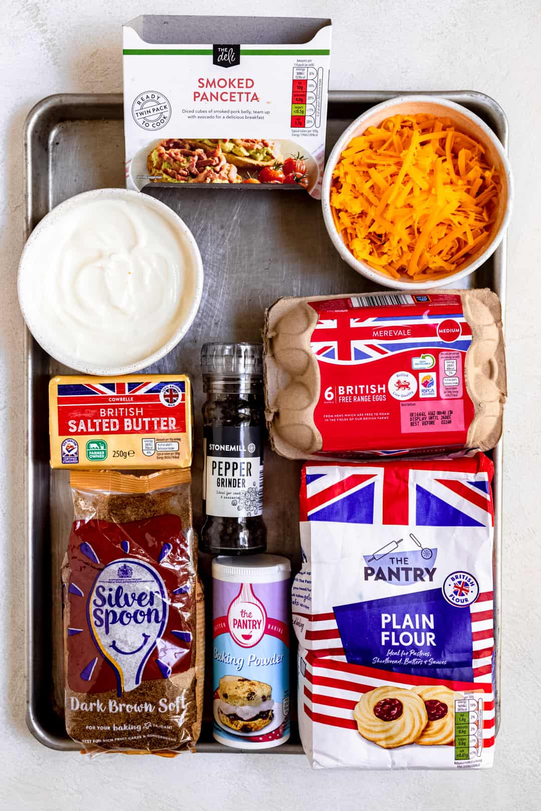 Aldi ingredients for making cheese and bacon scones.
