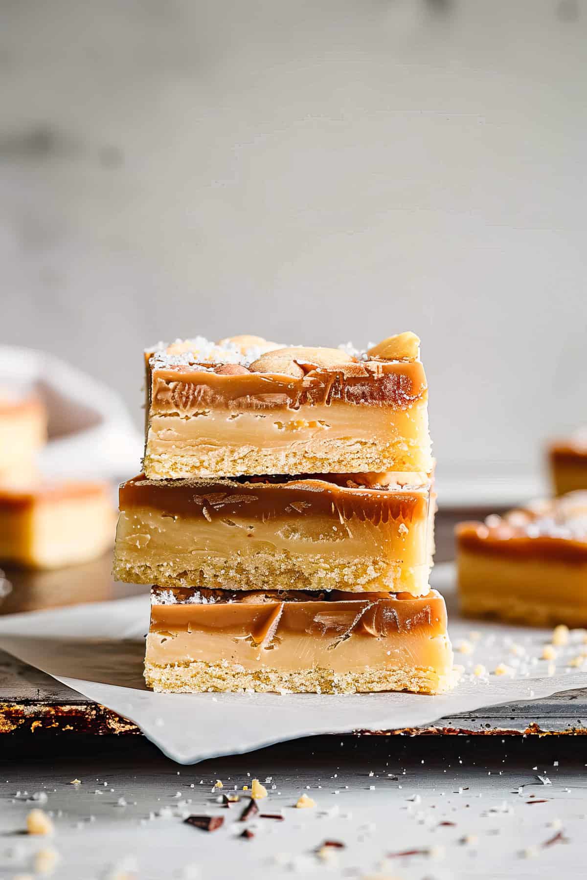 White chocolate millionaire shortbread on a piece of baking paper.