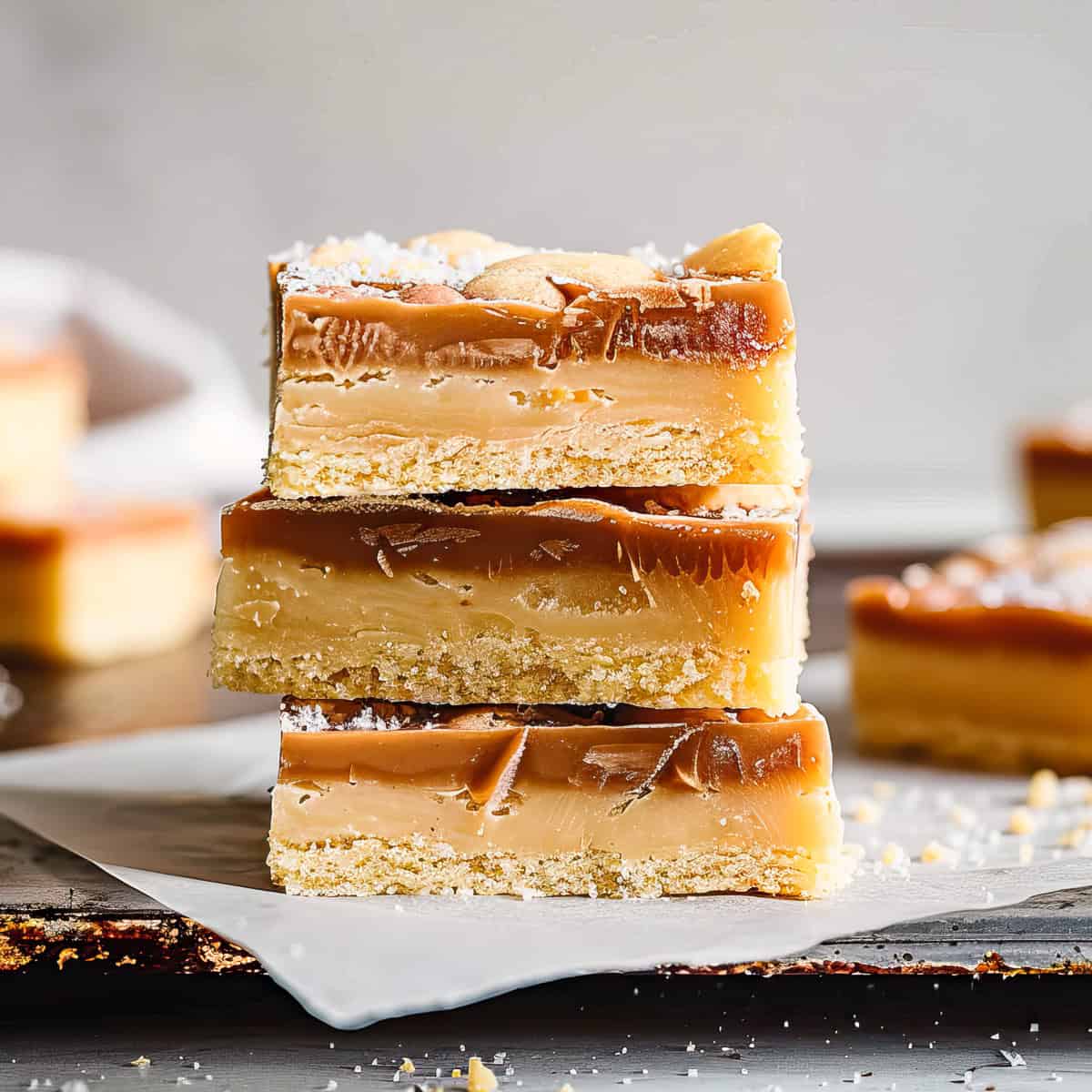 White chocolate millionaire shortbread on a piece of baking paper.