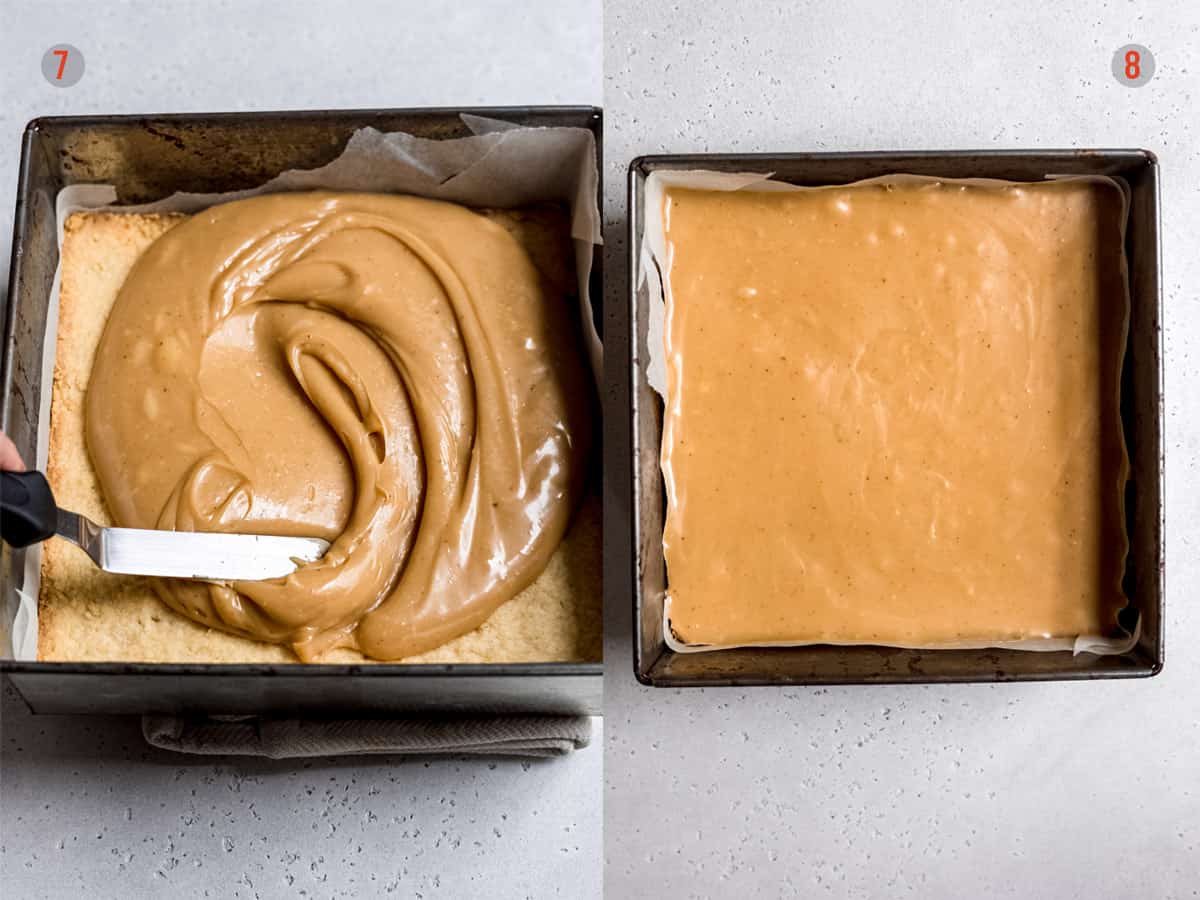 caramel being layered onto baked shortbread