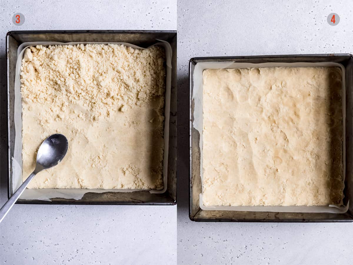 dough being pressed into a tin