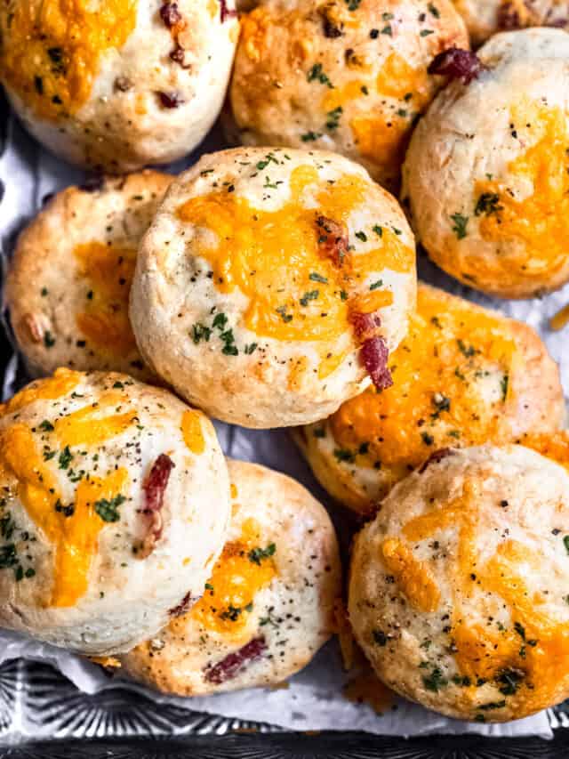 Cheese and bacon scones in a baking tray.