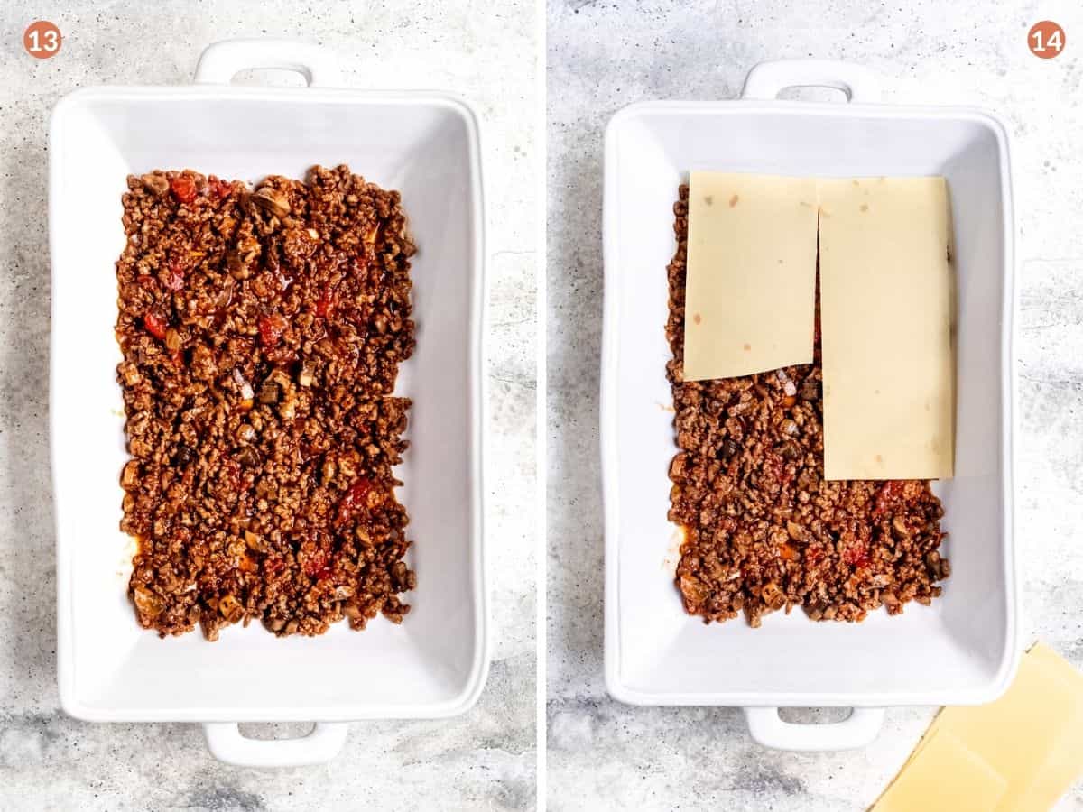 assembling lasagna with beef sauce and noodles