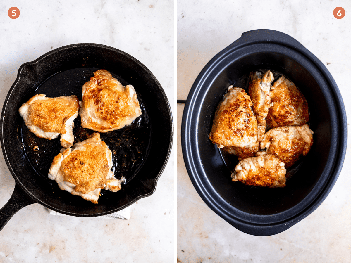 seared chicken thighs in a slow cooker