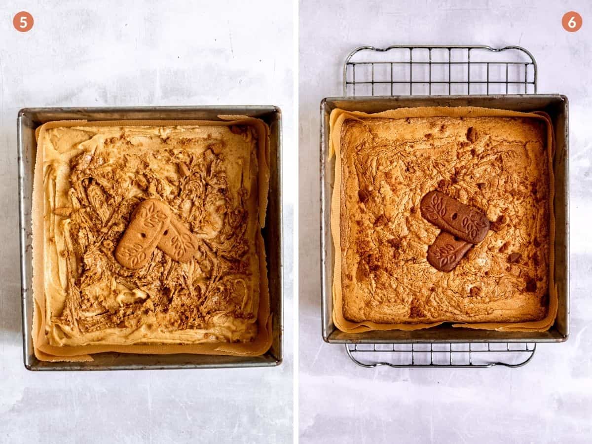 Biscoff blondies before and after baking